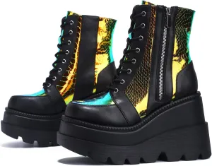 Cape Robbin Radio Holographic Platform Ankle Boots with Chunky Block Heels for Women