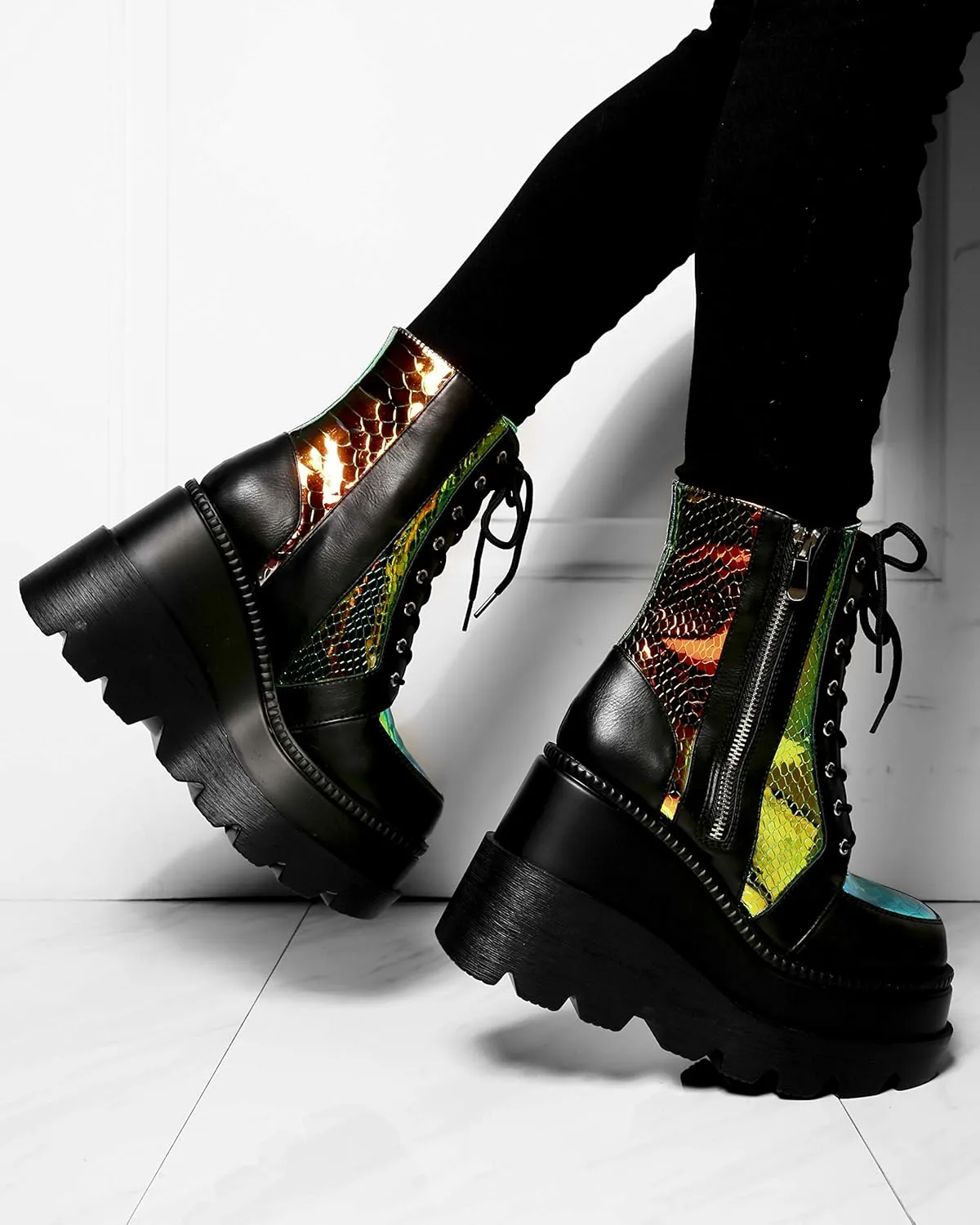 Cape Robbin Radio Holographic Platform Ankle Boots with Chunky Block Heels for Women