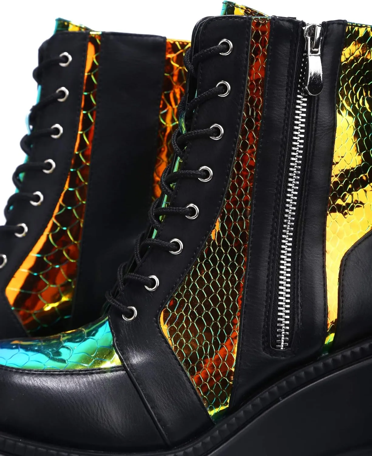 Cape Robbin Radio Holographic Platform Ankle Boots with Chunky Block Heels for Women