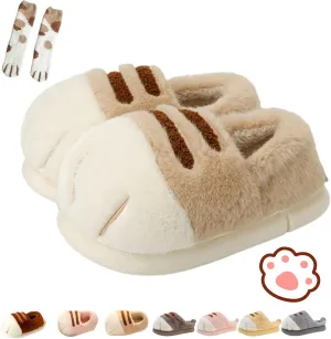 Cat Paw Slippers, 3D Cartoon Slipper for Women, Warm Fluffy Furry Winter House Slides for Indoor Outdoor