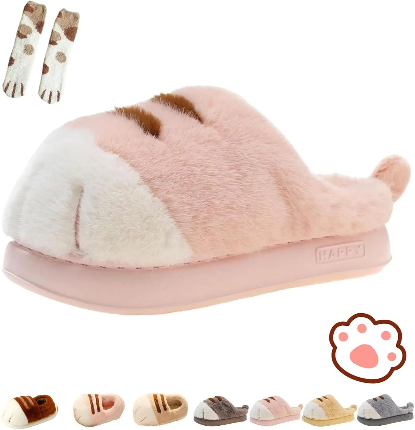 Cat Paw Slippers, 3D Cartoon Slipper for Women, Warm Fluffy Furry Winter House Slides for Indoor Outdoor