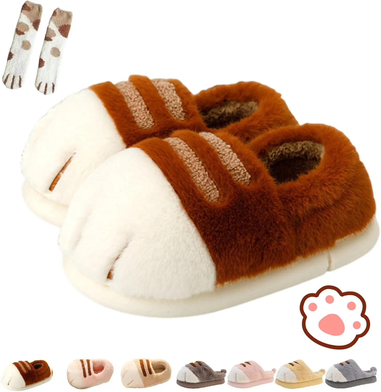 Cat Paw Slippers, 3D Cartoon Slipper for Women, Warm Fluffy Furry Winter House Slides for Indoor Outdoor