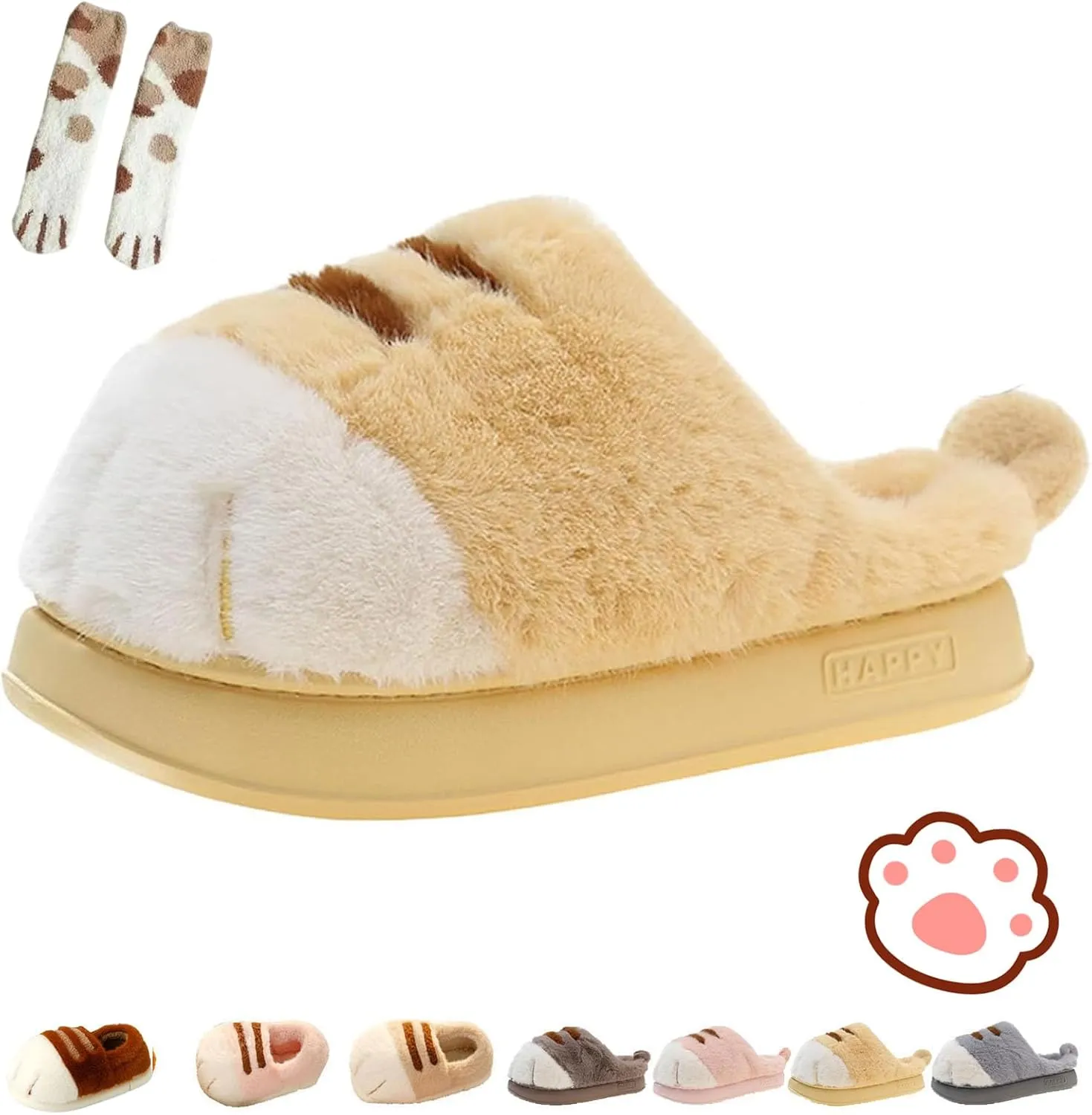 Cat Paw Slippers, 3D Cartoon Slipper for Women, Warm Fluffy Furry Winter House Slides for Indoor Outdoor