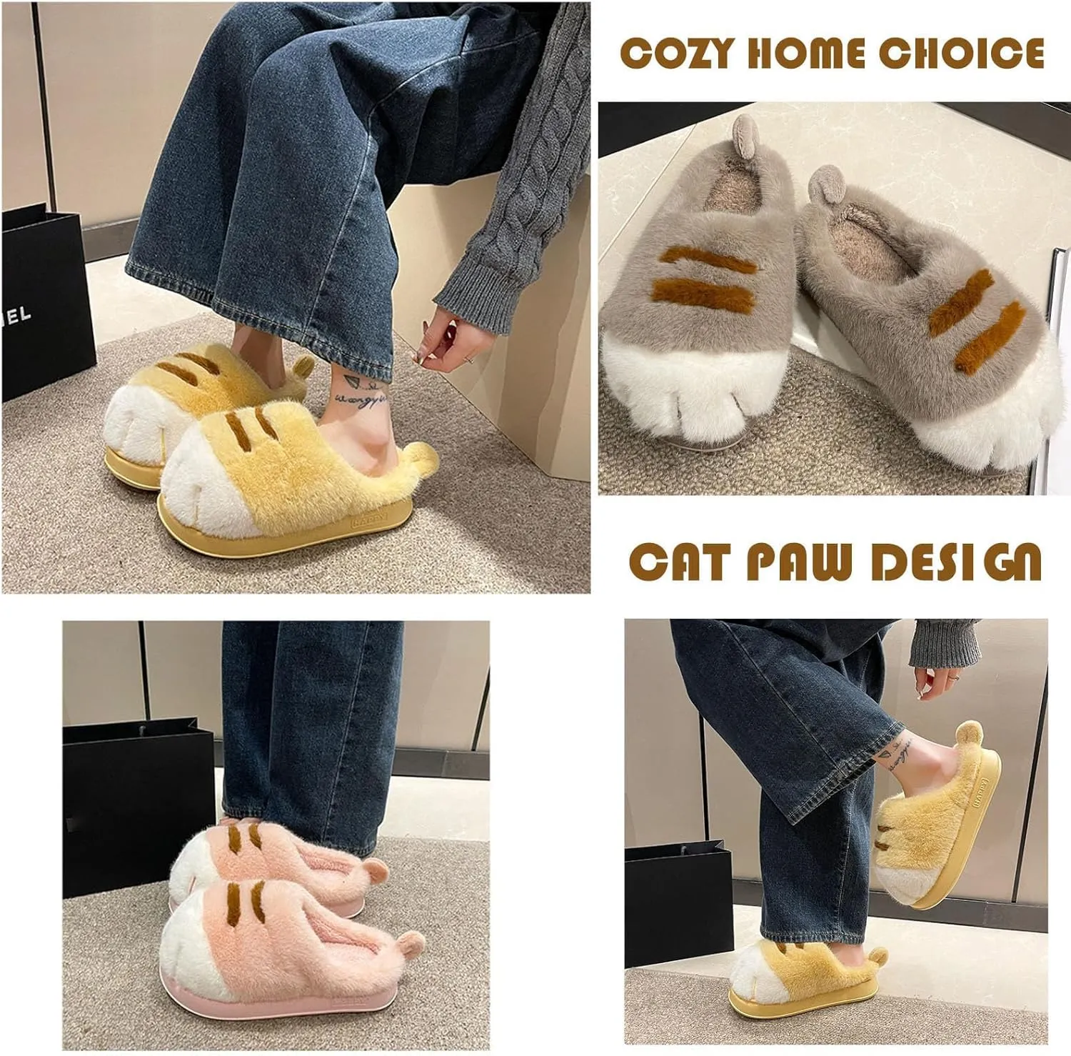 Cat Paw Slippers, 3D Cartoon Slipper for Women, Warm Fluffy Furry Winter House Slides for Indoor Outdoor