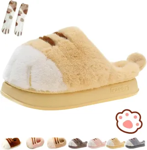 Cat Paw Slippers, 3D Cartoon Slipper for Women, Warm Fluffy Furry Winter House Slides for Indoor Outdoor