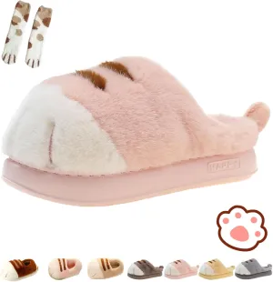 Cat Paw Slippers, 3D Cartoon Slipper for Women, Warm Fluffy Furry Winter House Slides for Indoor Outdoor
