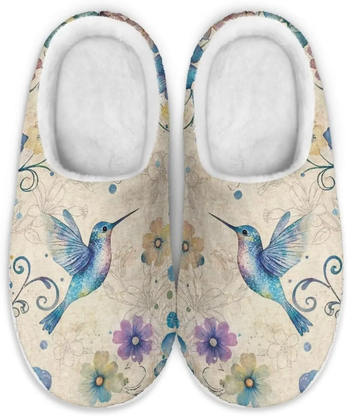 chaqlin Hummingbir Plush Slippers Fuzzy House Bedroom Warm Soft Sandals Wide Warm for Women Lightweight Slip Resistant Flannel Fluffy Shoes Slipper