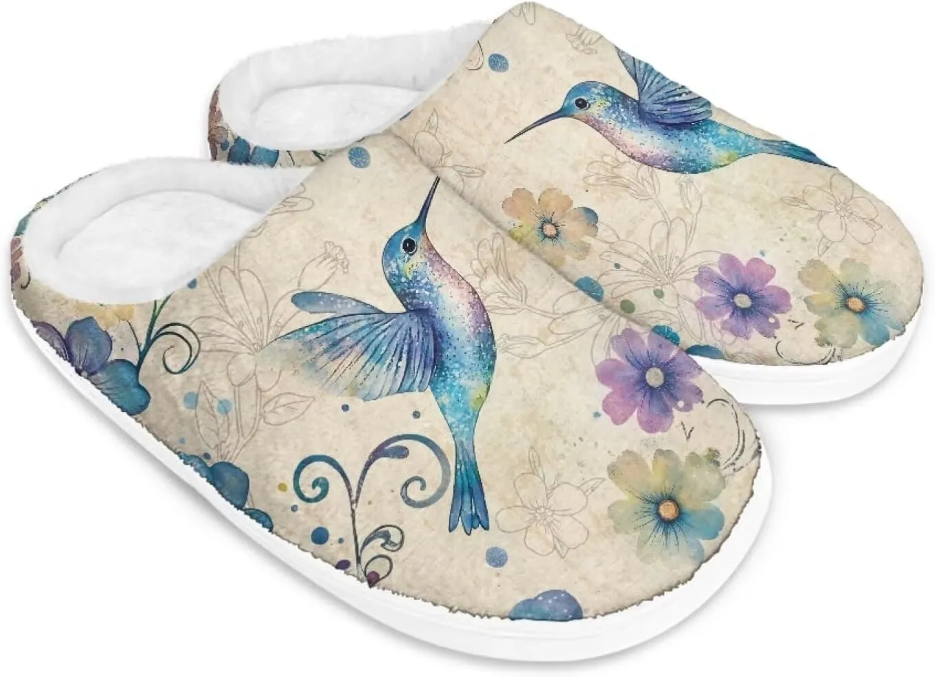 chaqlin Hummingbir Plush Slippers Fuzzy House Bedroom Warm Soft Sandals Wide Warm for Women Lightweight Slip Resistant Flannel Fluffy Shoes Slipper