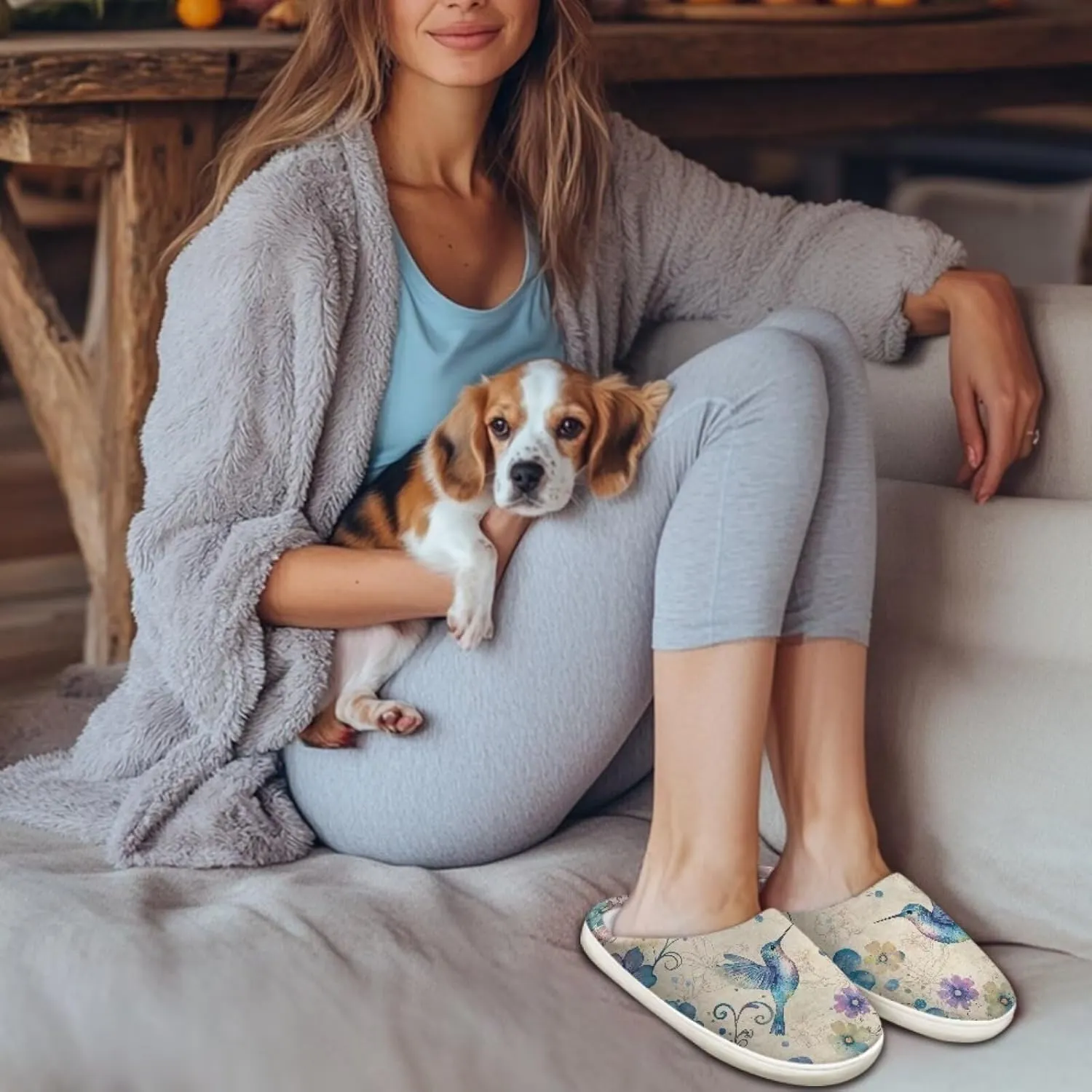 chaqlin Hummingbir Plush Slippers Fuzzy House Bedroom Warm Soft Sandals Wide Warm for Women Lightweight Slip Resistant Flannel Fluffy Shoes Slipper