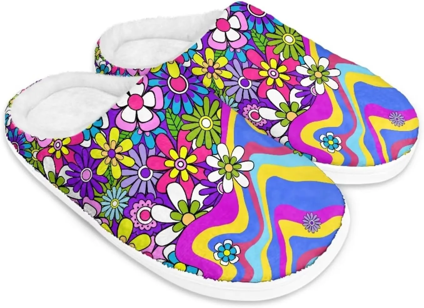 chaqlin Winter Fuzzy Slippers Flower Print Fluffy House Sandals Flat Heels Womens Wide Slip Resistant Memory Foam Bedroom Causal Shoes Slipper
