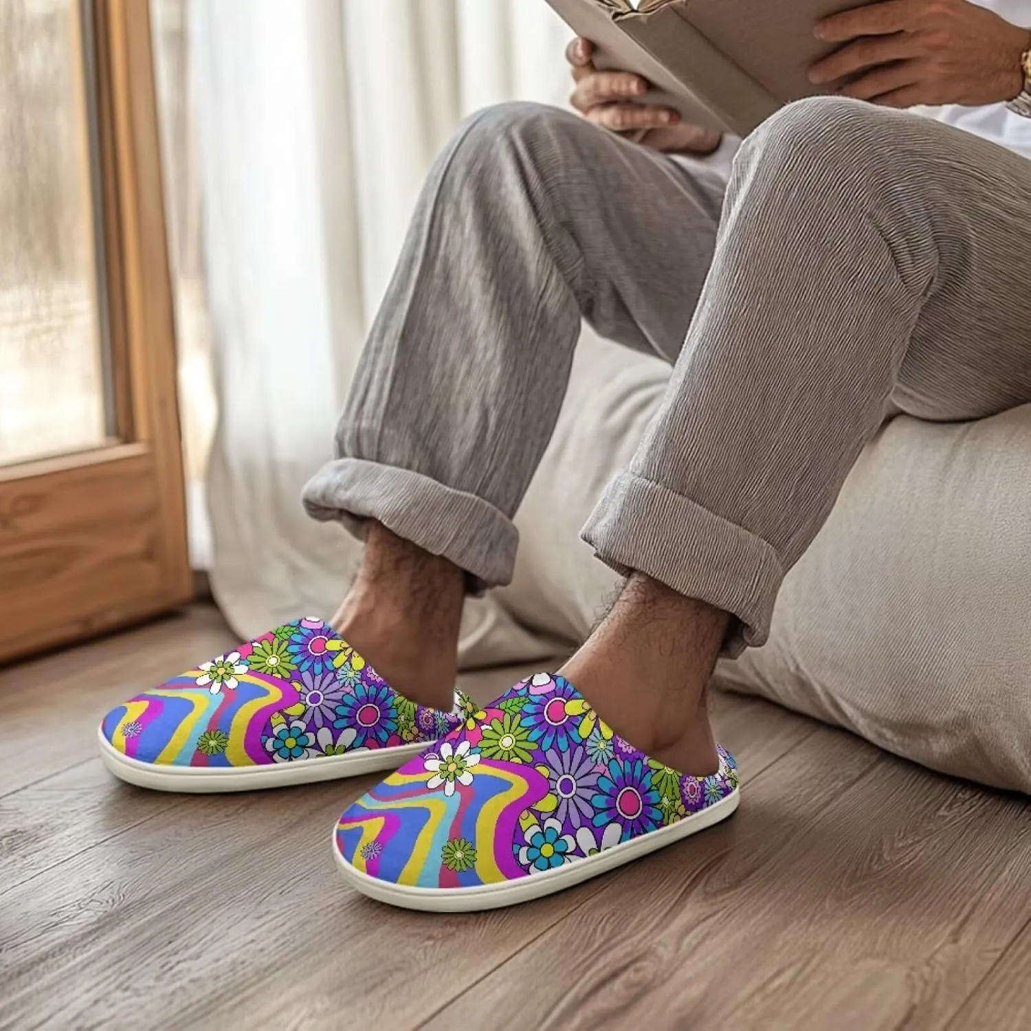 chaqlin Winter Fuzzy Slippers Flower Print Fluffy House Sandals Flat Heels Womens Wide Slip Resistant Memory Foam Bedroom Causal Shoes Slipper