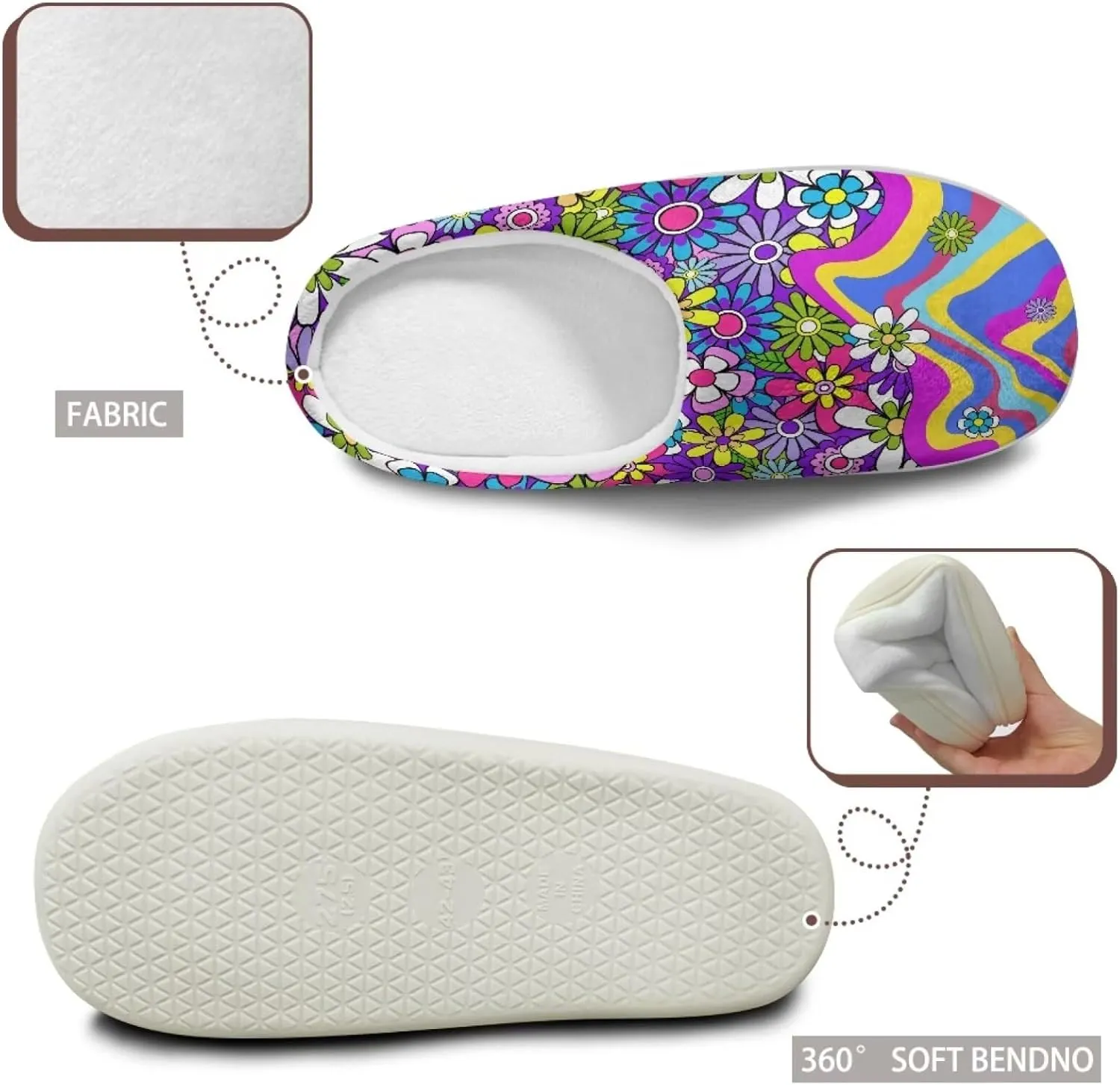 chaqlin Winter Fuzzy Slippers Flower Print Fluffy House Sandals Flat Heels Womens Wide Slip Resistant Memory Foam Bedroom Causal Shoes Slipper
