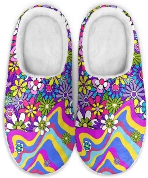 chaqlin Winter Fuzzy Slippers Flower Print Fluffy House Sandals Flat Heels Womens Wide Slip Resistant Memory Foam Bedroom Causal Shoes Slipper