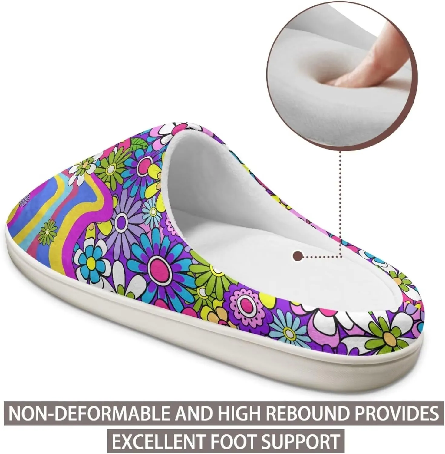 chaqlin Winter Fuzzy Slippers Flower Print Fluffy House Sandals Flat Heels Womens Wide Slip Resistant Memory Foam Bedroom Causal Shoes Slipper