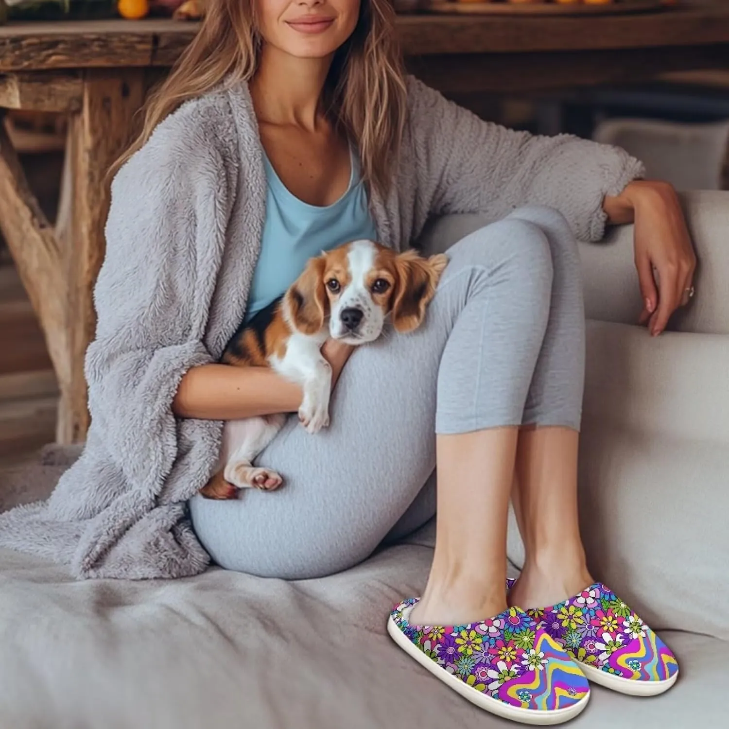 chaqlin Winter Fuzzy Slippers Flower Print Fluffy House Sandals Flat Heels Womens Wide Slip Resistant Memory Foam Bedroom Causal Shoes Slipper
