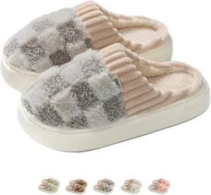 Checkered Slippers for Women Men Indoor Comfy Plaid House Slides Shoes Checkerboard Fuzzy Plush Winter Warm Slippers Slip On Bedroom Slippers Cozy Non-Slip Home Slippers