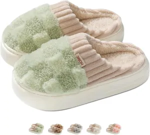 Checkered Slippers for Women Men Indoor Comfy Plaid House Slides Shoes Checkerboard Fuzzy Plush Winter Warm Slippers Slip On Bedroom Slippers Cozy Non-Slip Home Slippers