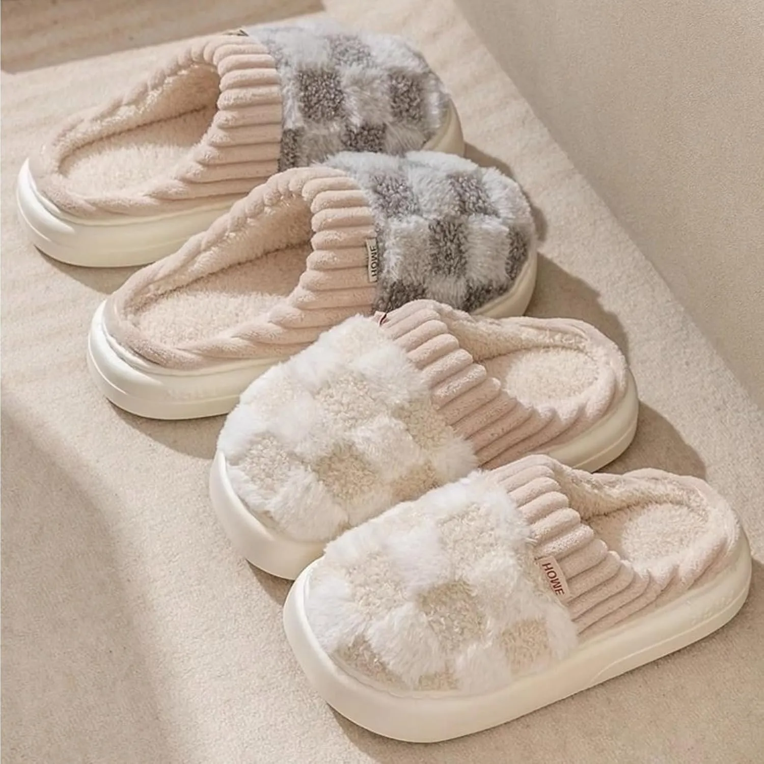 Checkered Slippers for Women Men Indoor Comfy Plaid House Slides Shoes Checkerboard Fuzzy Plush Winter Warm Slippers Slip On Bedroom Slippers Cozy Non-Slip Home Slippers