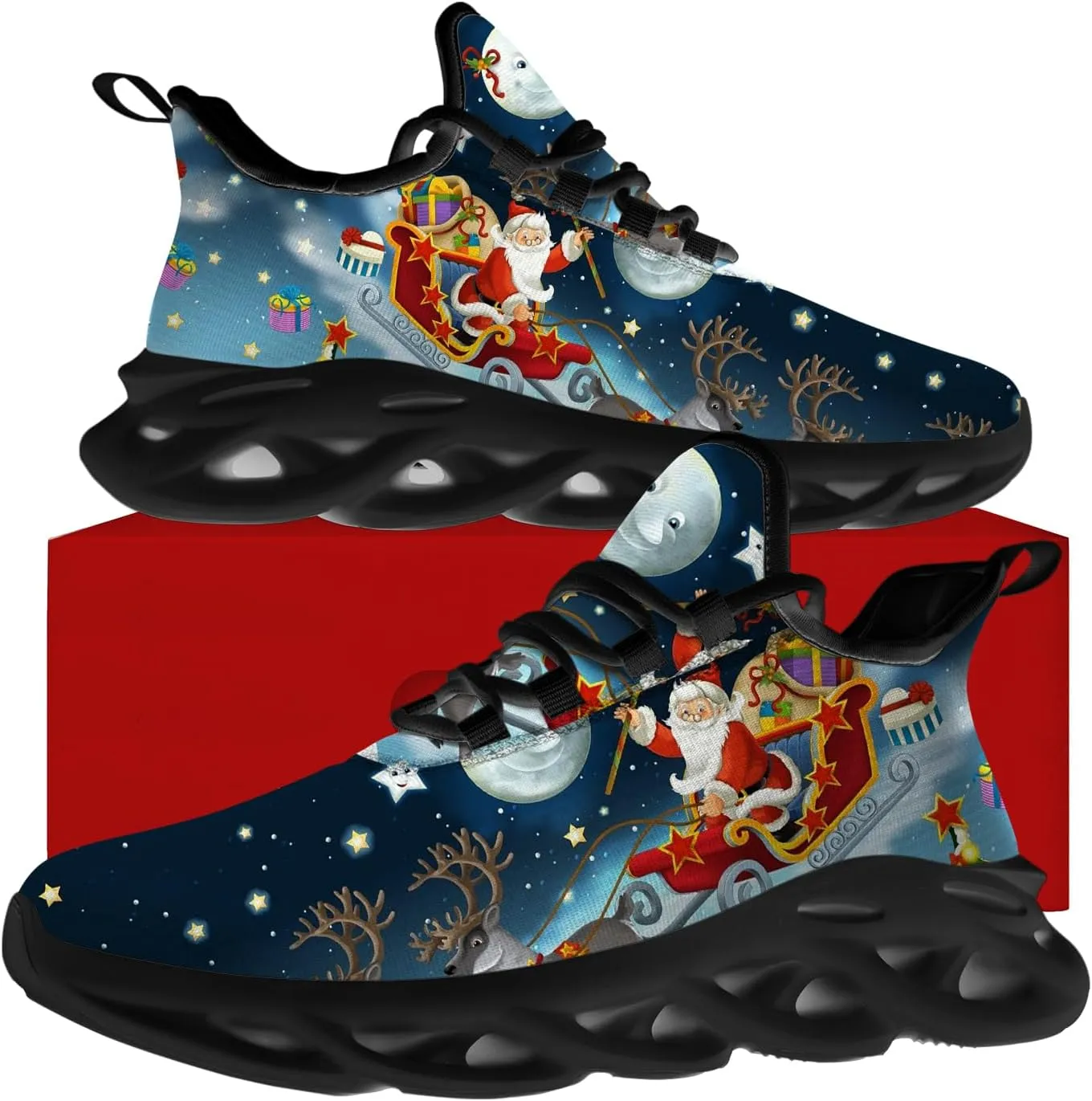 Ciadoon Christmas Shoes for Women Men Road Running Walking Tennis Breathable Lightweight Sneakers Santa Shoes Gifts for Men Women