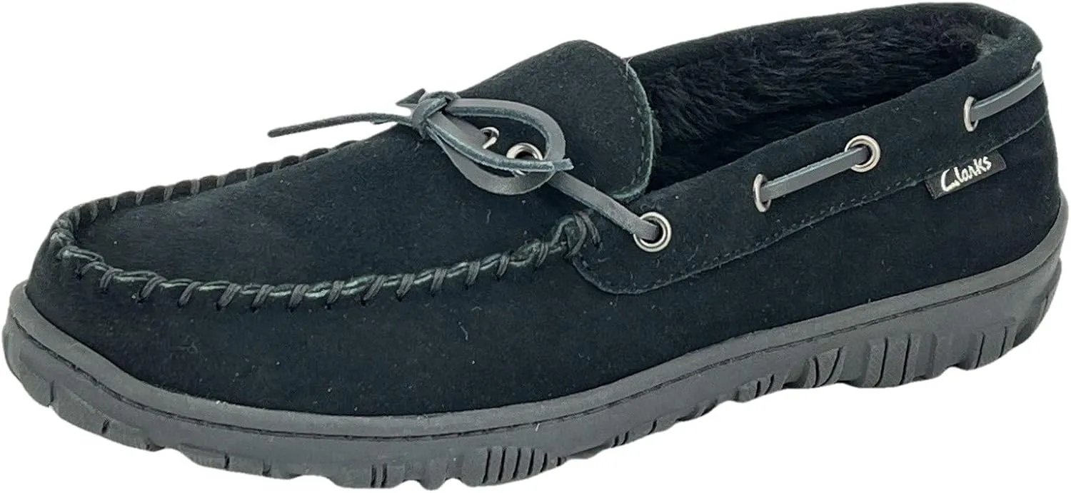 Clarks Mens Suede Leather Moccasin Slipper - Faux Fur Lining Cushion Comfort Removable Insole - Indoor Outdoor Slippers For Men (11 M US, Black)