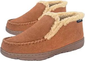 Clarks Mens Suede Leather Sherpa Lined Ankle Bootie Slipper JMH1952 - Removable Padded Insole - Indoor Outdoor House Slippers For Men, Cognac, 10 UK