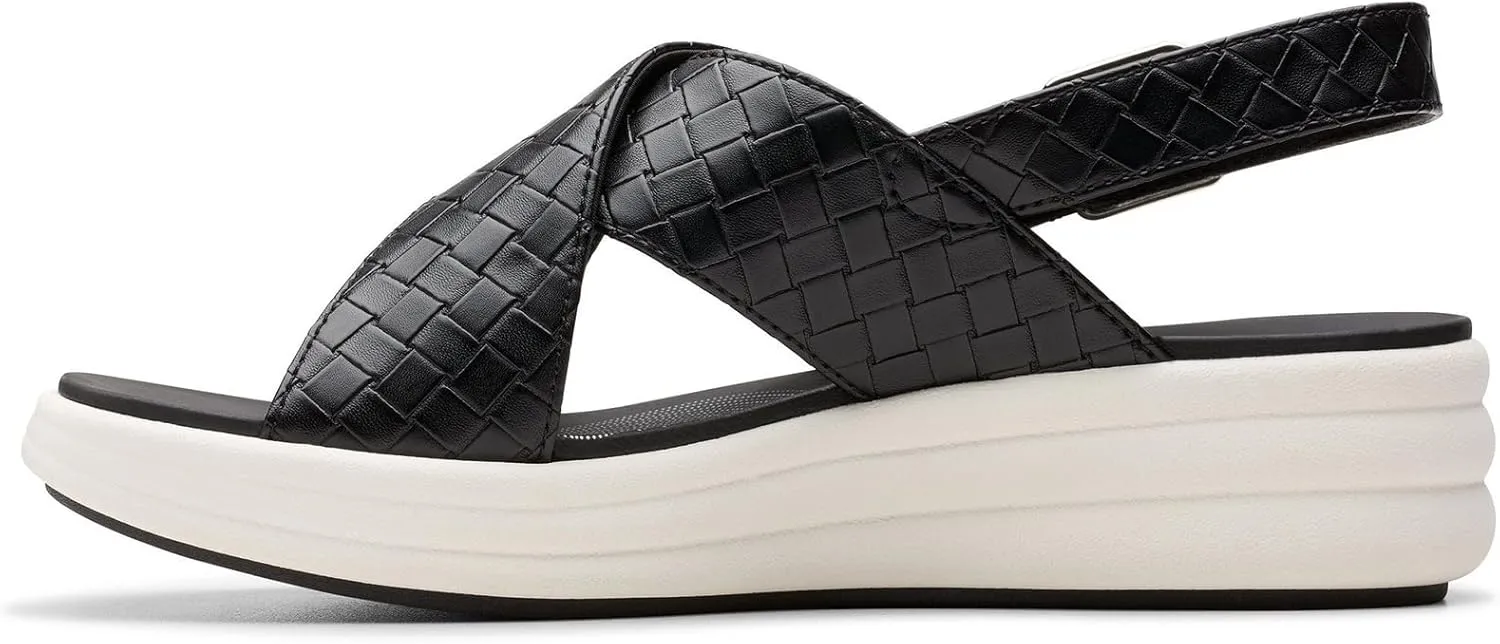 Clarks Women's Drift Sun Wedge Sandal, Black Woven Synthetic, 9