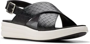 Clarks Women's Drift Sun Wedge Sandal, Black Woven Synthetic, 9