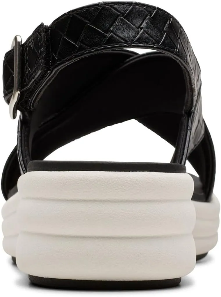 Clarks Women's Drift Sun Wedge Sandal, Black Woven Synthetic, 9
