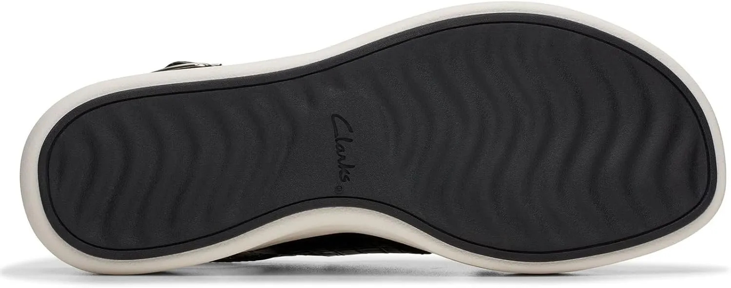 Clarks Women's Drift Sun Wedge Sandal, Black Woven Synthetic, 9