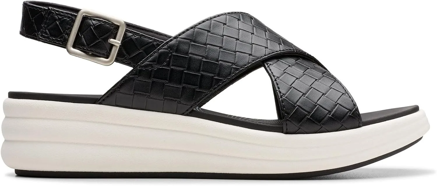 Clarks Women's Drift Sun Wedge Sandal, Black Woven Synthetic, 9
