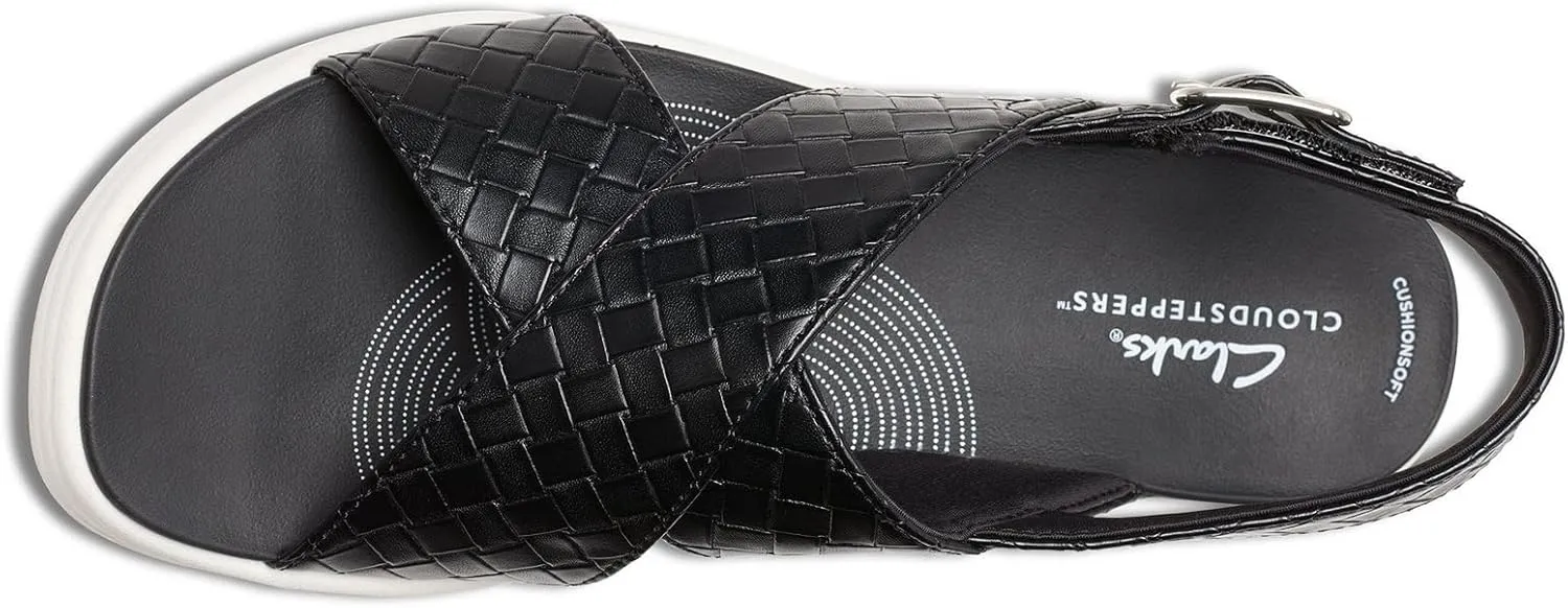 Clarks Women's Drift Sun Wedge Sandal, Black Woven Synthetic, 9