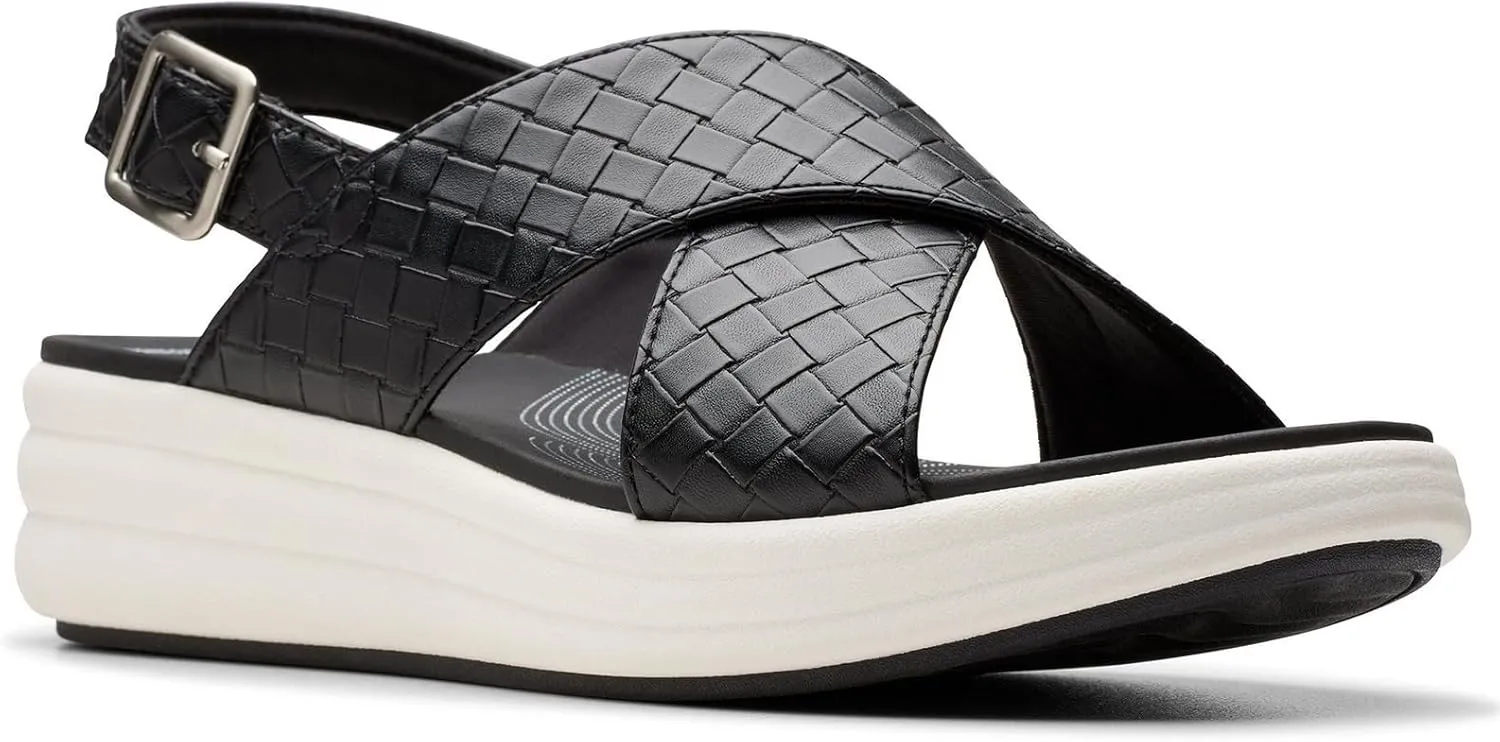 Clarks Women's Drift Sun Wedge Sandal, Black Woven Synthetic, 9