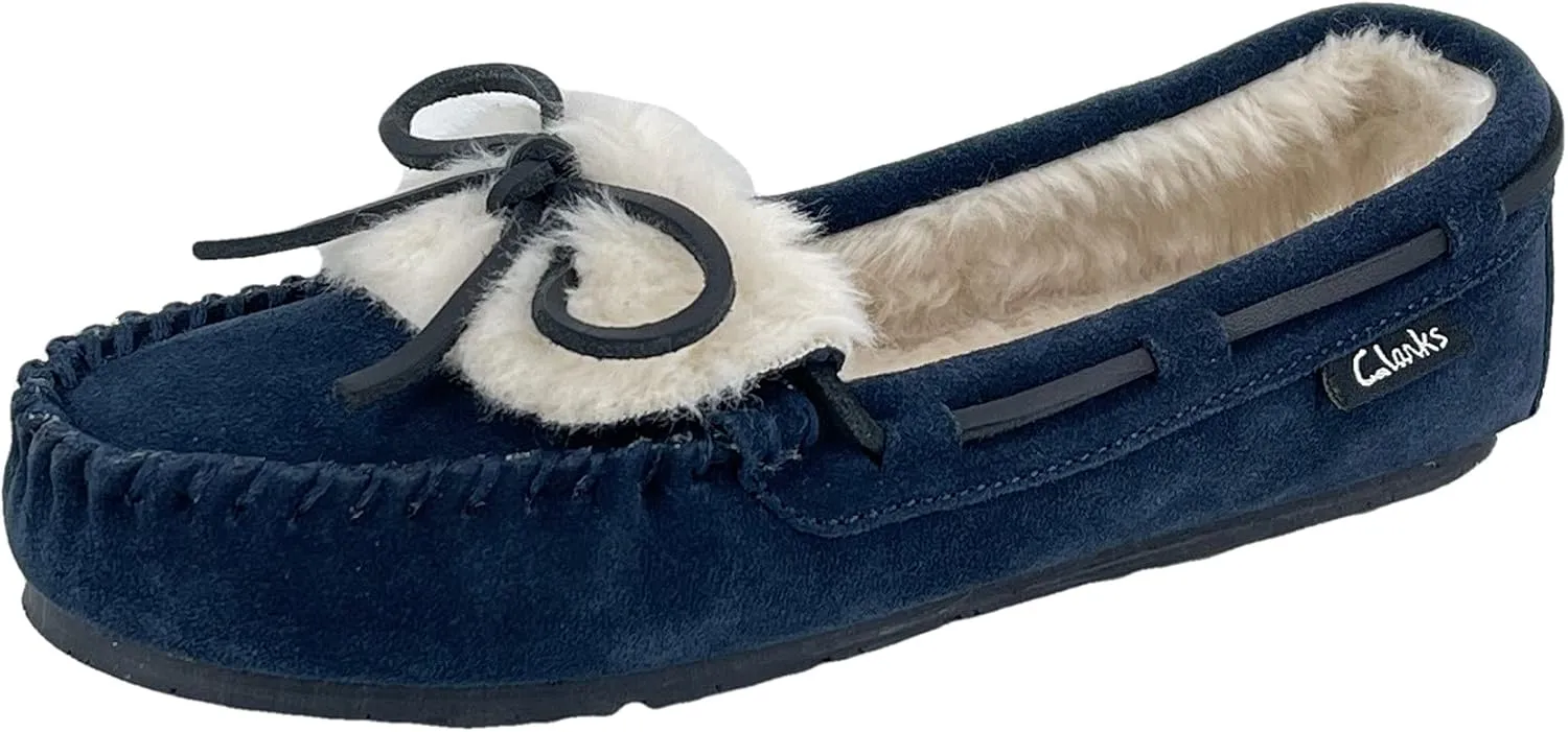 Clarks Womens Folded Tongue Leather Moccasin Slipper ICH30746C - Plush Faux Fur Lining - Indoor Outdoor House Slippers For Women (11 M US, Navy)