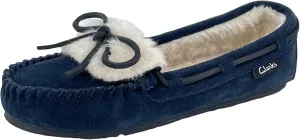 Clarks Womens Folded Tongue Leather Moccasin Slipper ICH30746C - Plush Faux Fur Lining - Indoor Outdoor House Slippers For Women (11 M US, Navy)