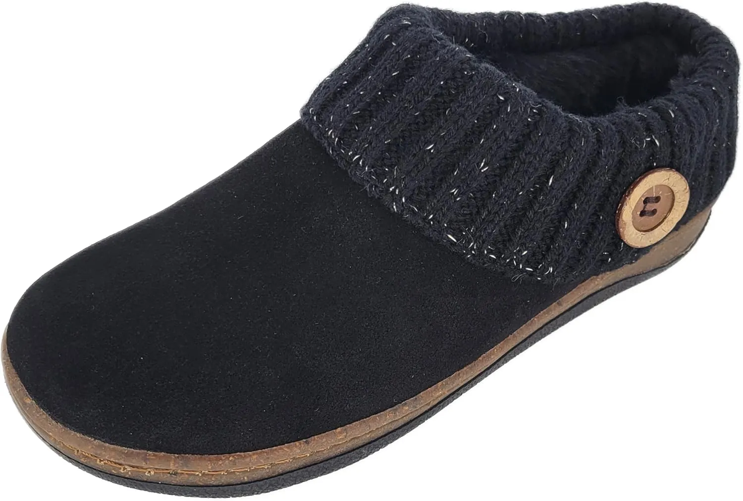 Clarks Womens Slipper Knitted Sweater Collar Clog - Suede Leather - Faux Fur Lining With Cork Midsole (Black/Gold 9), LB1088