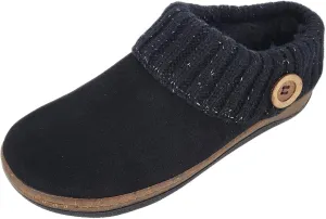 Clarks Womens Slipper Knitted Sweater Collar Clog - Suede Leather - Faux Fur Lining With Cork Midsole (Black/Gold 9), LB1088