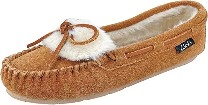 Clarks Women's Suede Moc Indoor and Outdoor Slip On Squared Toe Casual Slippers (Cinnamon Fur, 6)