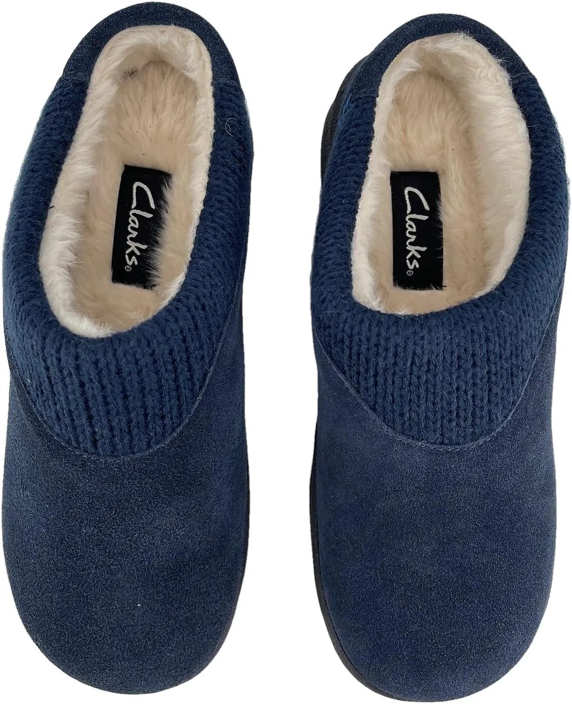 Clarks Womens Suede Slipper JMH2175 With Knit Collar - Soft Plush Faux Fur Lined - Indoor Outdoor House Slippers For Women