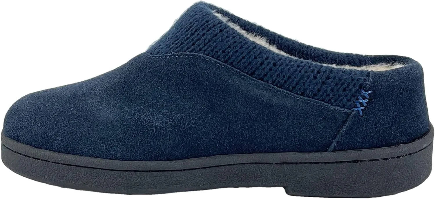 Clarks Womens Suede Slipper JMH2175 With Knit Collar - Soft Plush Faux Fur Lined - Indoor Outdoor House Slippers For Women