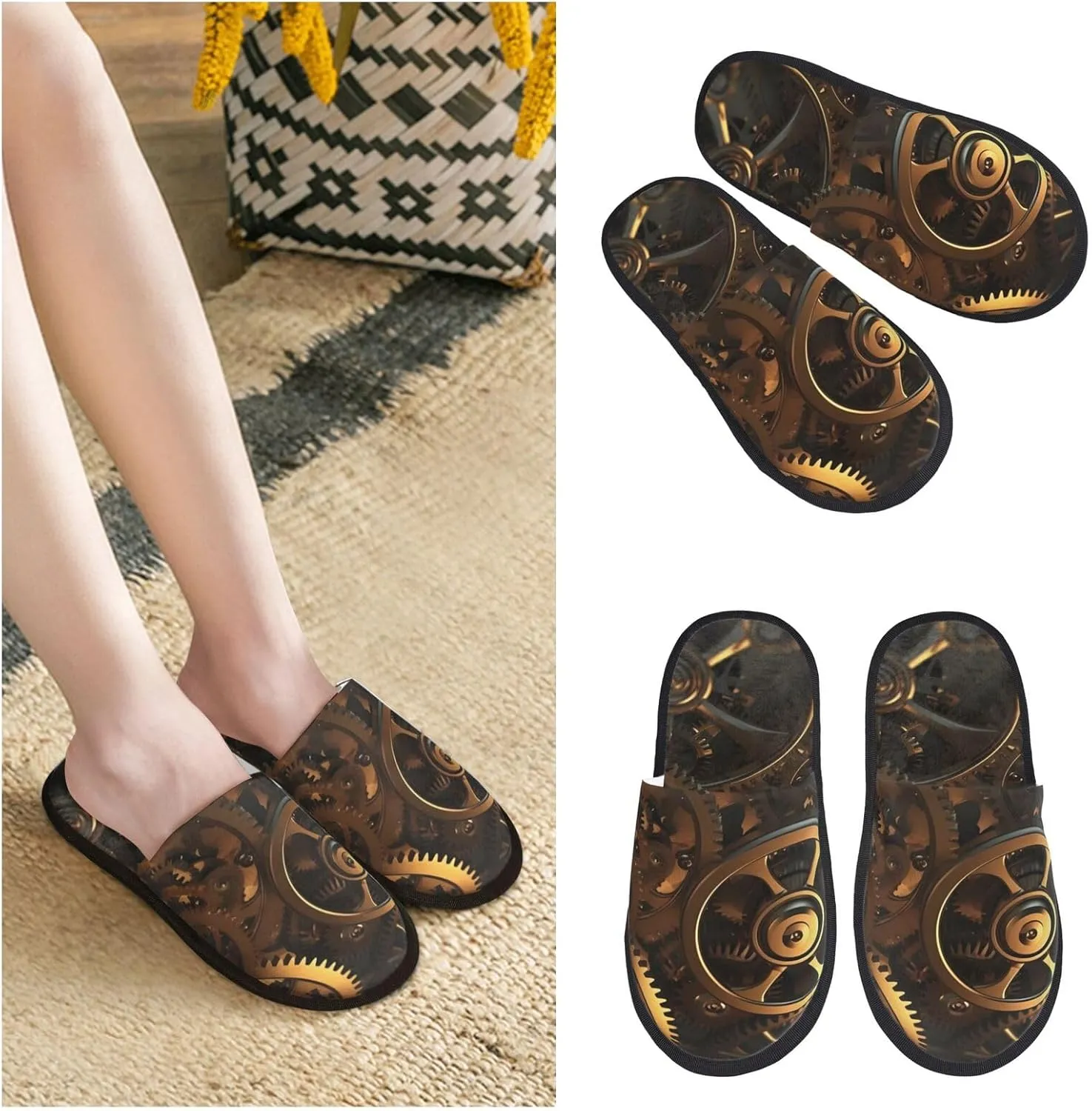 Cool Steampunk Gears Women's Fuzzy Slippers Slip-on Slipper Soft Comfy Bedroom Slippers Non-slip House Shoes