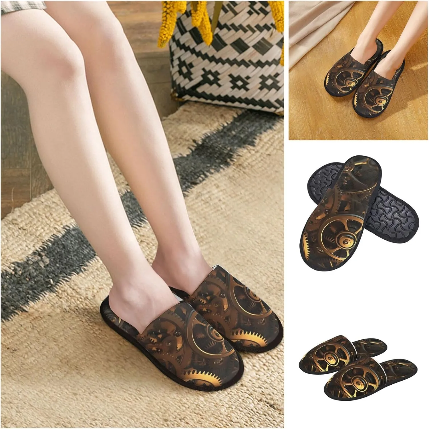 Cool Steampunk Gears Women's Fuzzy Slippers Slip-on Slipper Soft Comfy Bedroom Slippers Non-slip House Shoes