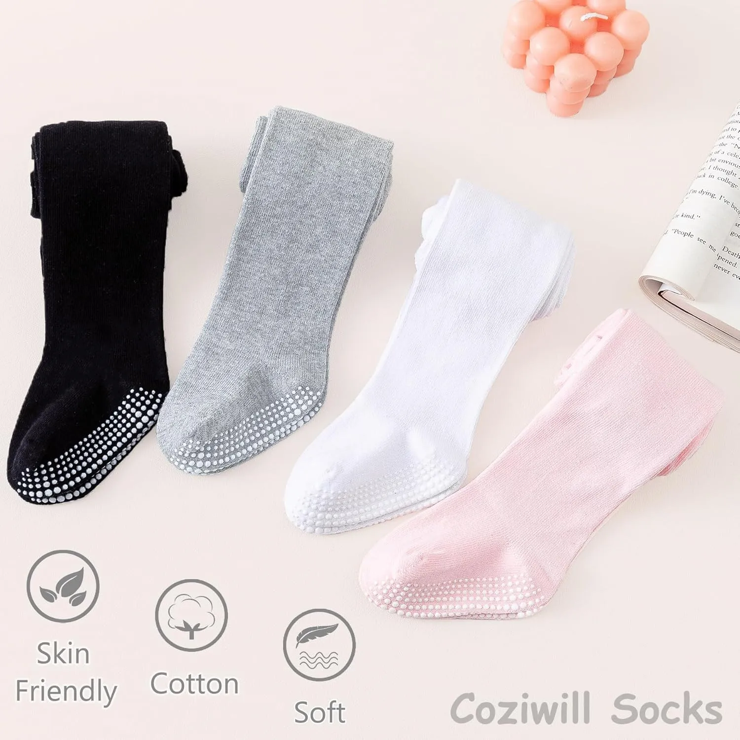 Coziwill Baby Socks Non Slip Toddler Stockings with Grippers Seamless Soft Cotton Knit Tights Leggings
