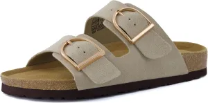 CUSHIONAIRE Legacy Cork Footbed Sandals for Women – Leather Double Strap Slides with Adjustable Buckles   Memory Foam