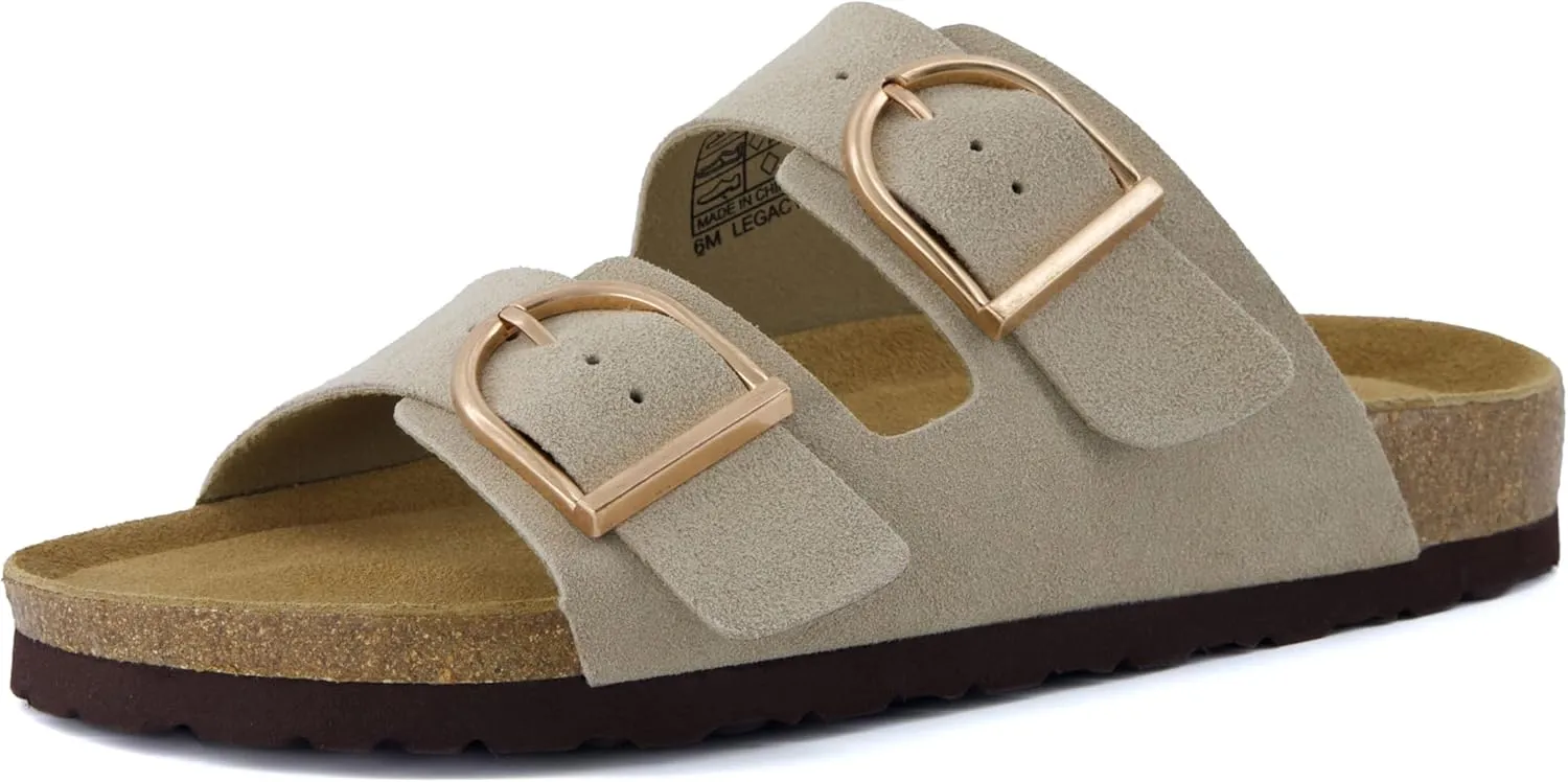 CUSHIONAIRE Legacy Cork Footbed Sandals for Women – Leather Double Strap Slides with Adjustable Buckles   Memory Foam
