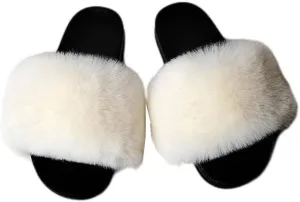 Dayiss Women's Fur Fluffy Slides Womens Furry Slippers Open Toe Indoor Outdoor House Casual Flat Shoes Summer Sandals Fuzzy Slides