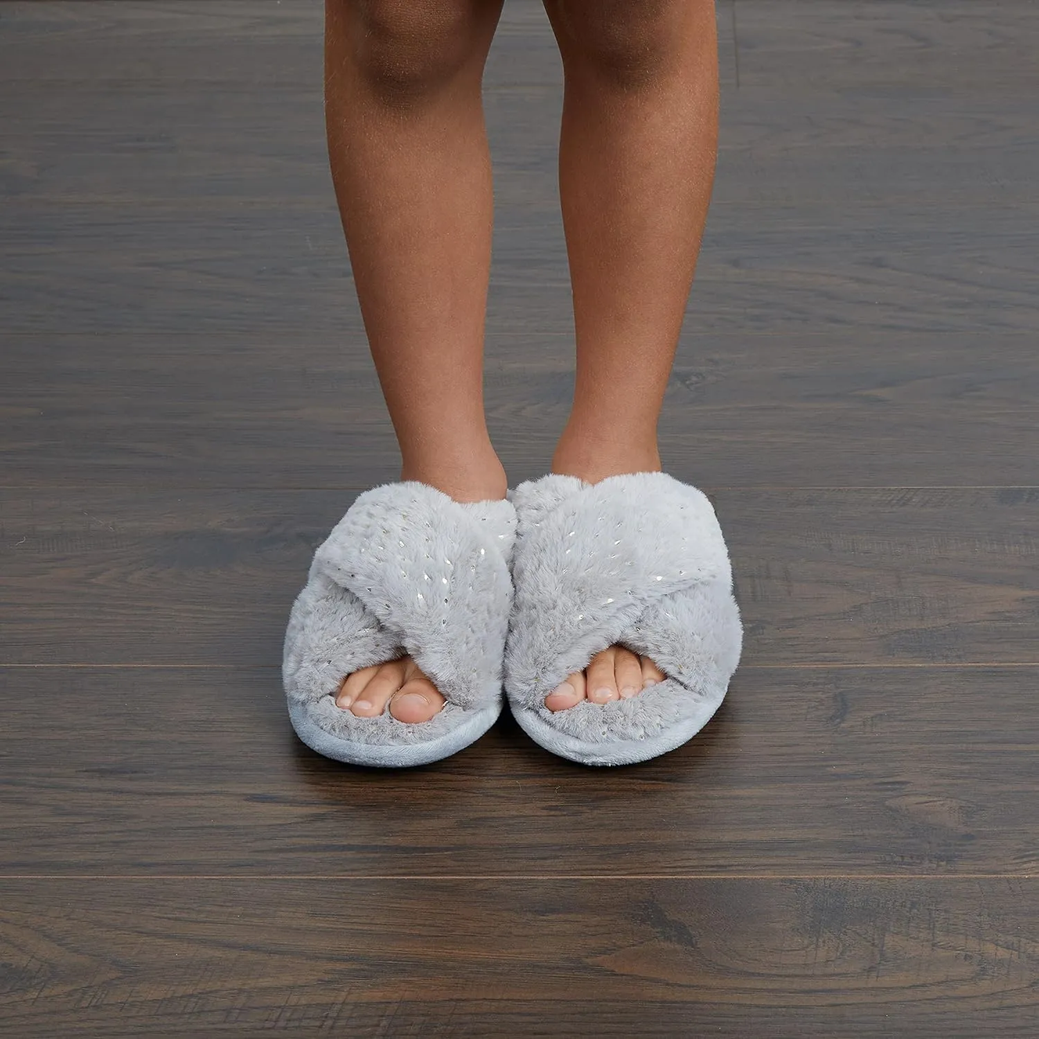 Dearfoams Kids' Ava Furry Crossband Slide Slipper