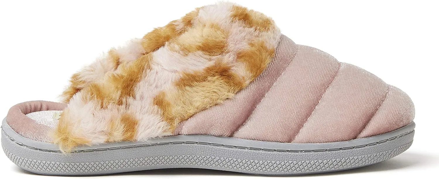 Dearfoams Kids' Evelyn Velour Clog with Leopard Cuff Slipper