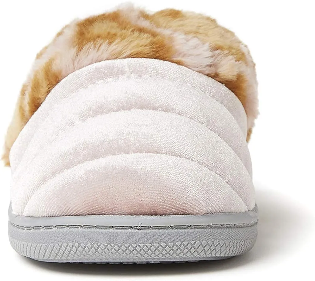 Dearfoams Kids' Evelyn Velour Clog with Leopard Cuff Slipper
