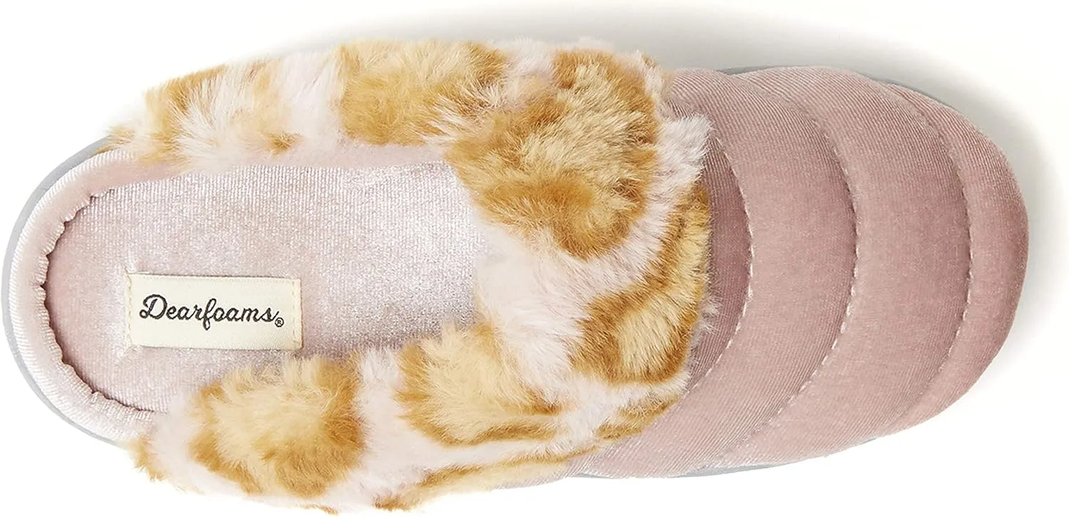 Dearfoams Kids' Evelyn Velour Clog with Leopard Cuff Slipper