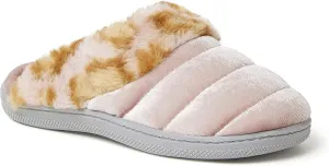 Dearfoams Kids' Evelyn Velour Clog with Leopard Cuff Slipper